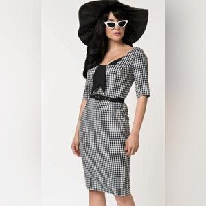 GLAMOUR BUNNY Jacky 60s Jacky‎ Pencil Dress Gingham Back Slit Chic Bow Size XS